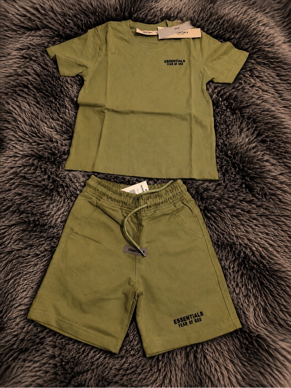 Kids Fear of God ESSENTIALS army green Tee and Shorts Set